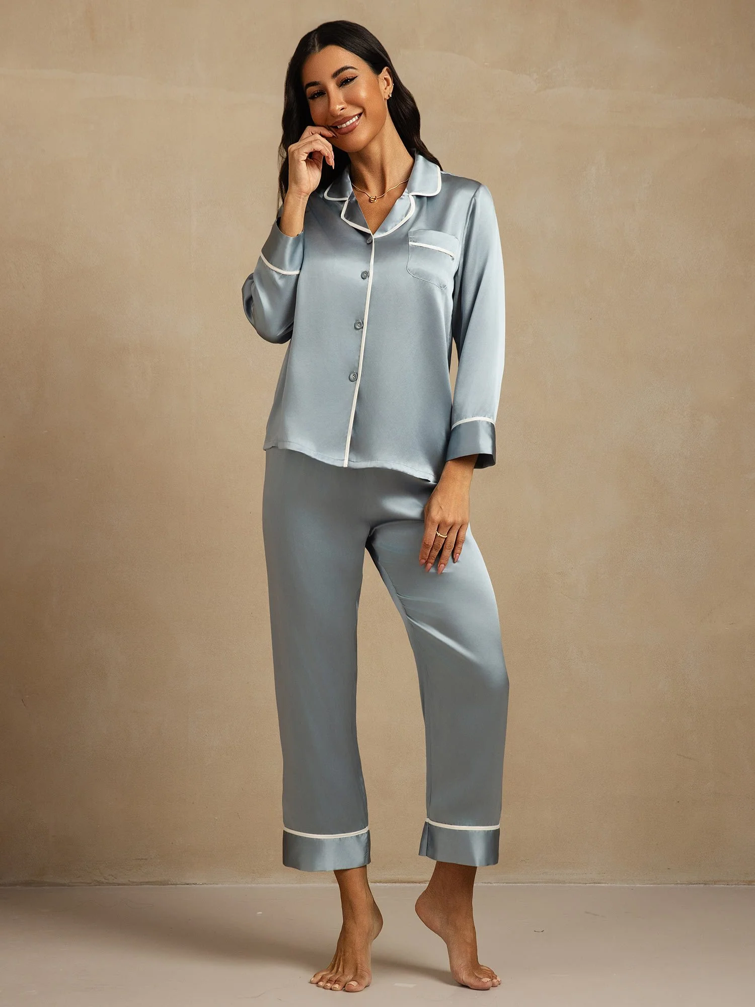 100% Mulberry Silk Classic Pajama Set - Image 38