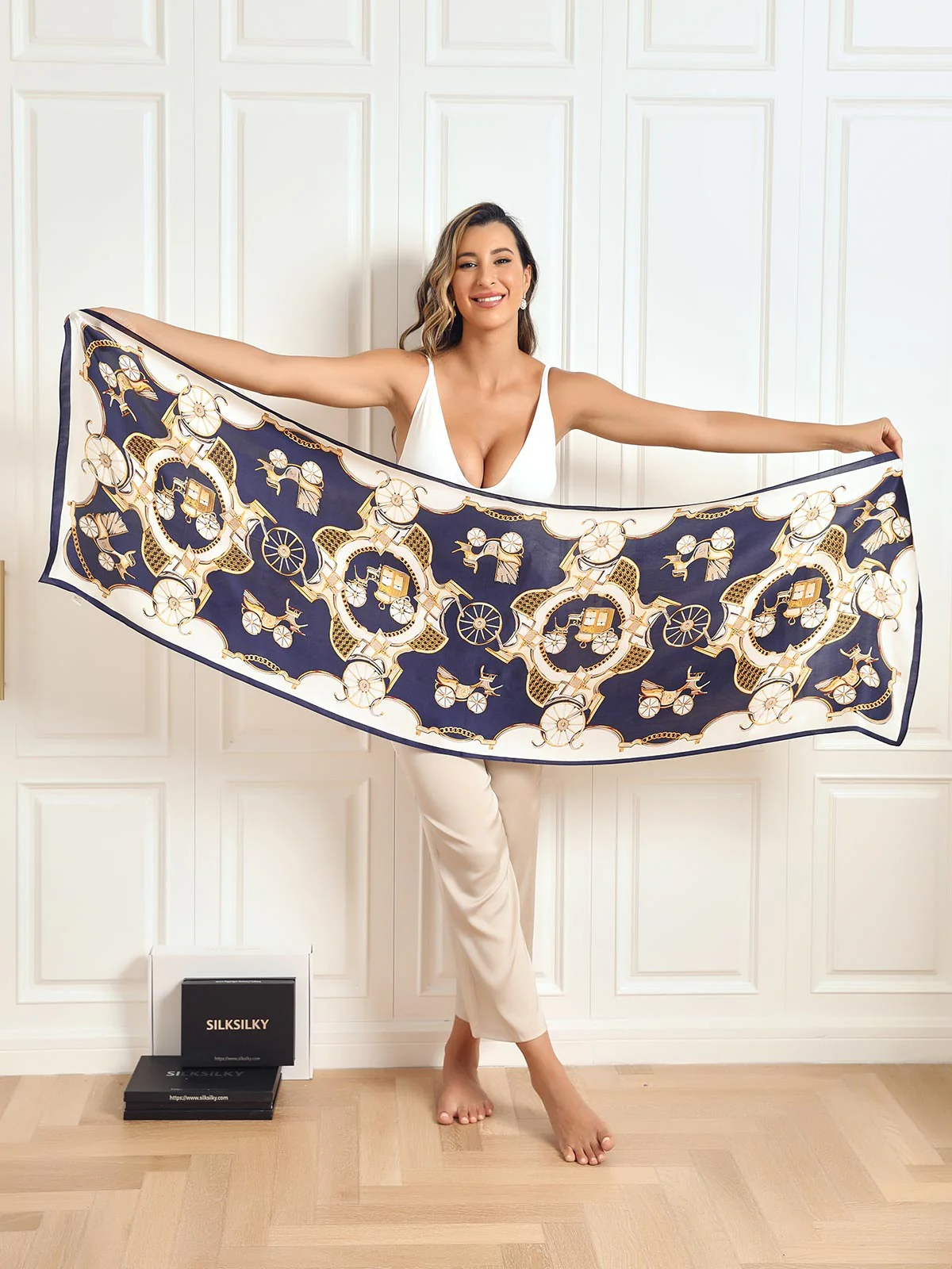 100% Mulberry Silk Printed Carriage Long Rectangle Shawl Scarf 170x53cm - Image 2