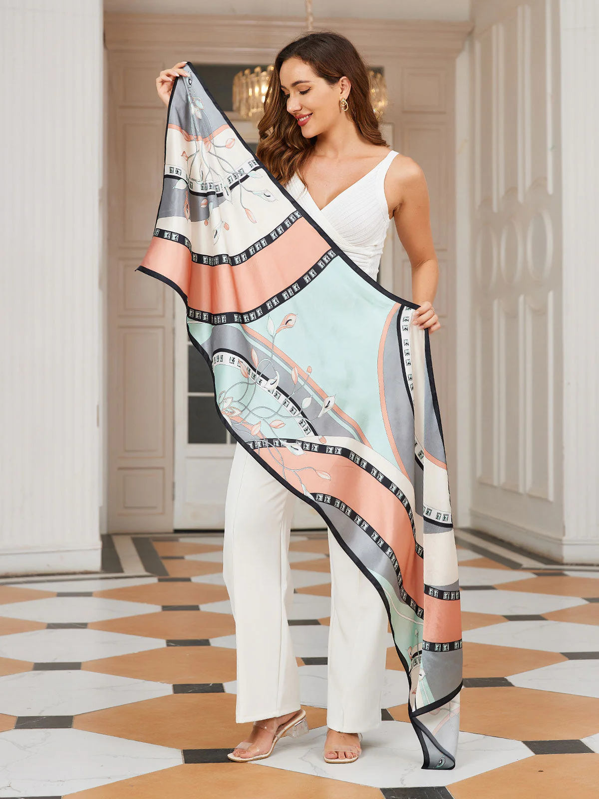 100% Mulberry Silk Printed Rectangular Long Shawl Scarf 170x53cm - Image 7