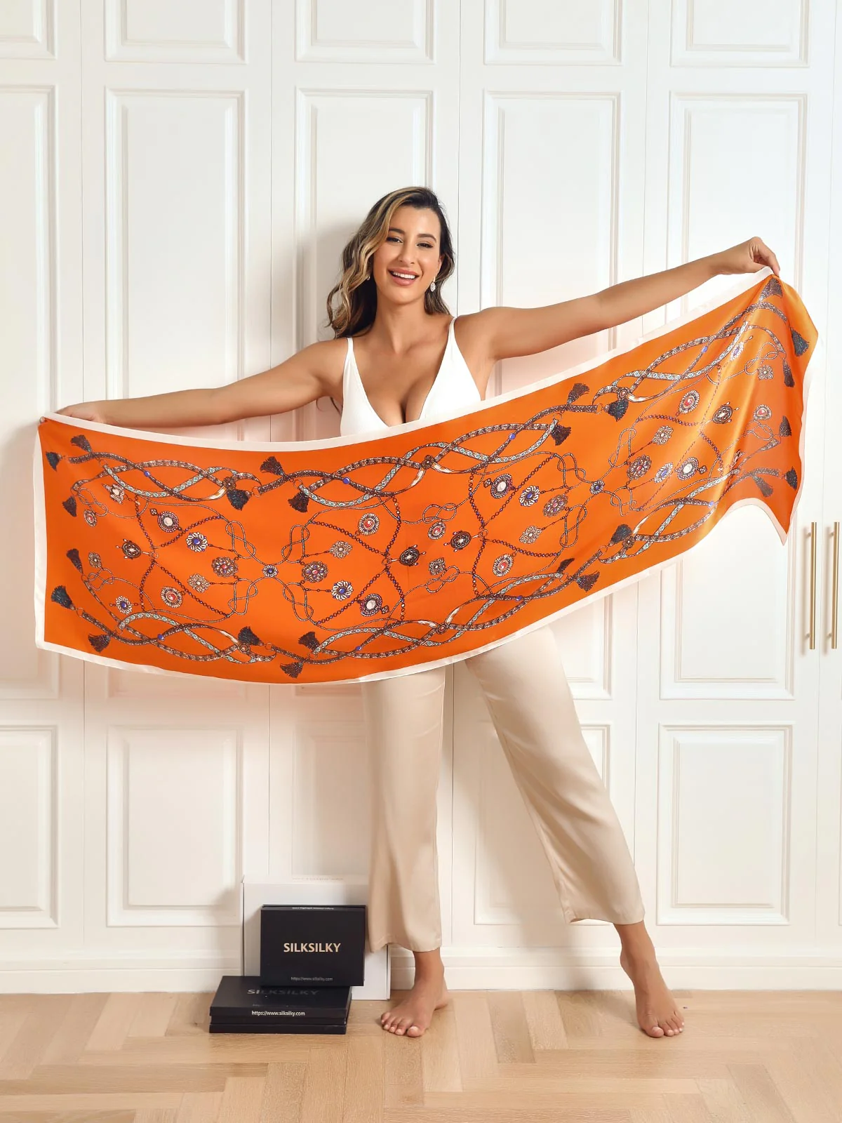 100% Mulberry Silk Printed Rectangular Long Shawl Scarf 170x53cm - Image 6