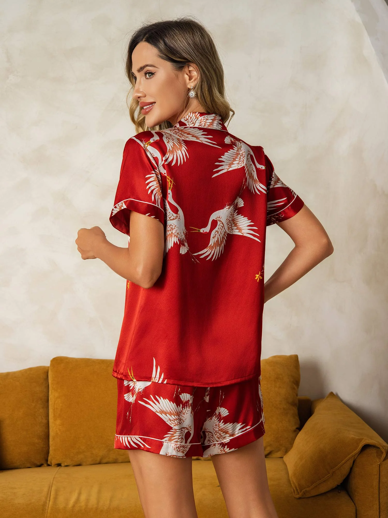 19Momme Pure Silk Crane Print Short Sleeve Notch Collar Women's Pajamas Set - Image 15