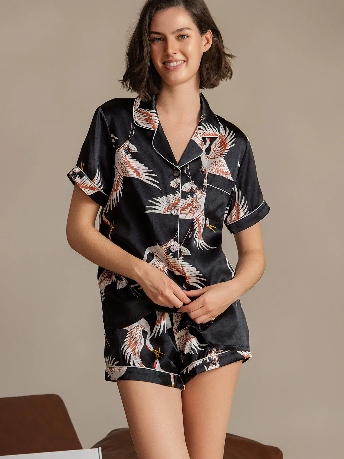19Momme Pure Silk Crane Print Short Sleeve Notch Collar Women's Pajamas Set - Image 22