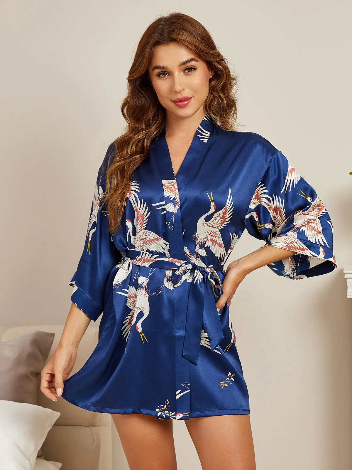 19Momme Pure Silk Crane Print 3/4 Sleeve Short Women's Kimono Robe - Image 3