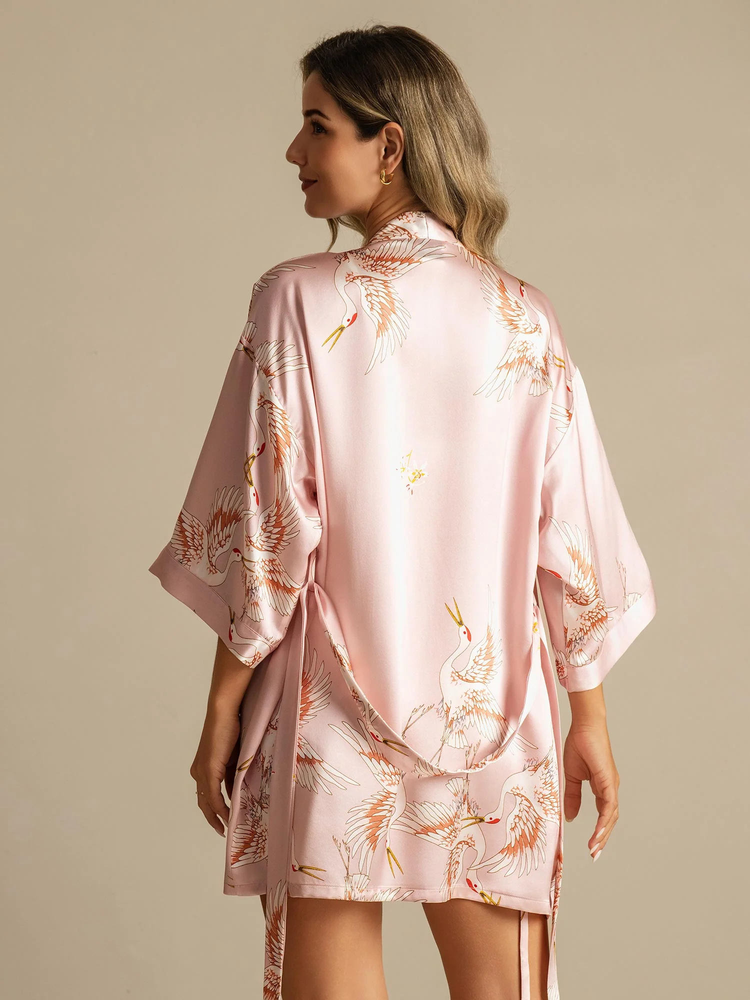 19Momme Pure Silk Crane Print 3/4 Sleeve Short Women's Kimono Robe - Image 8