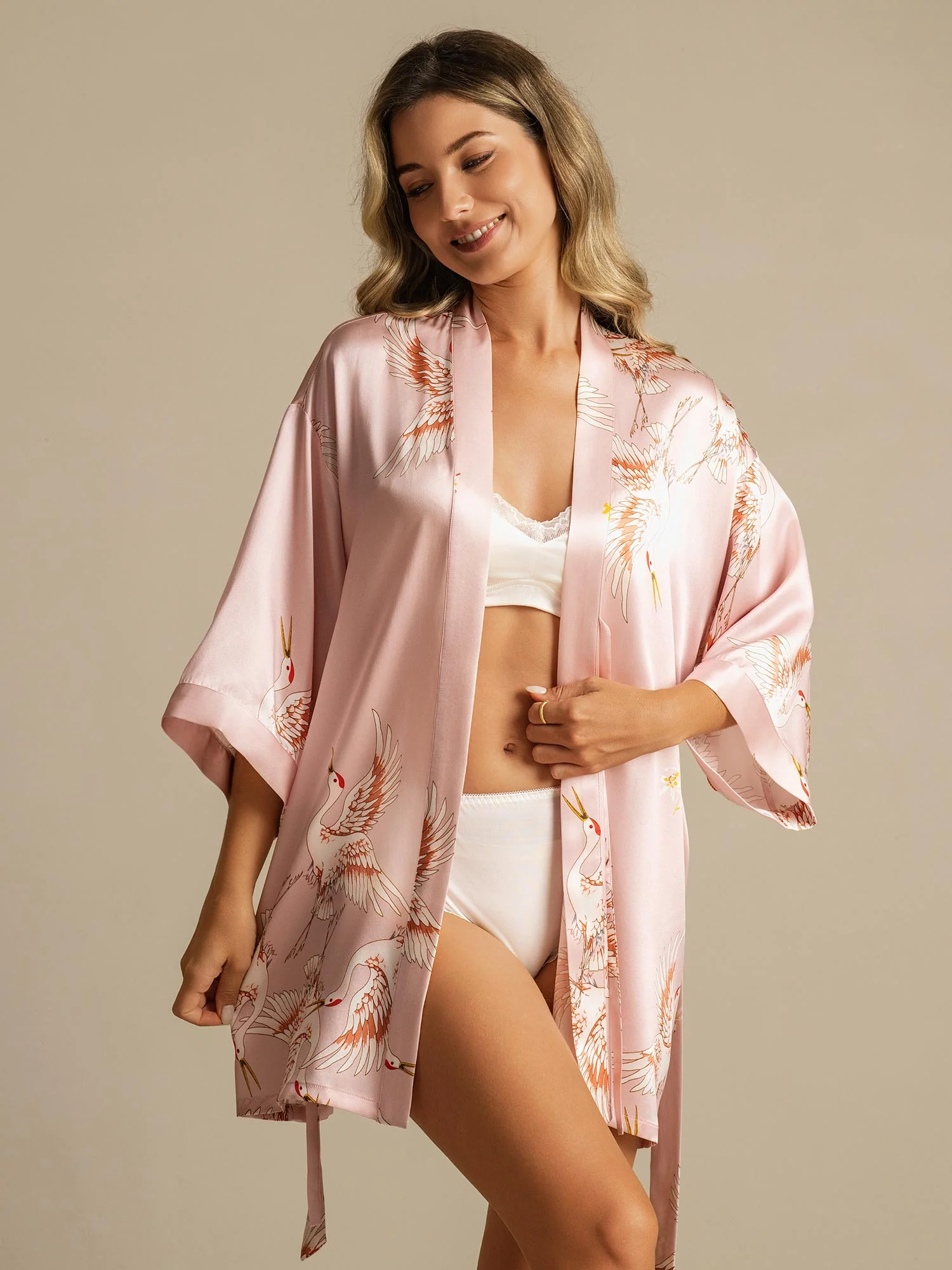 19Momme Pure Silk Crane Print 3/4 Sleeve Short Women's Kimono Robe - Image 9