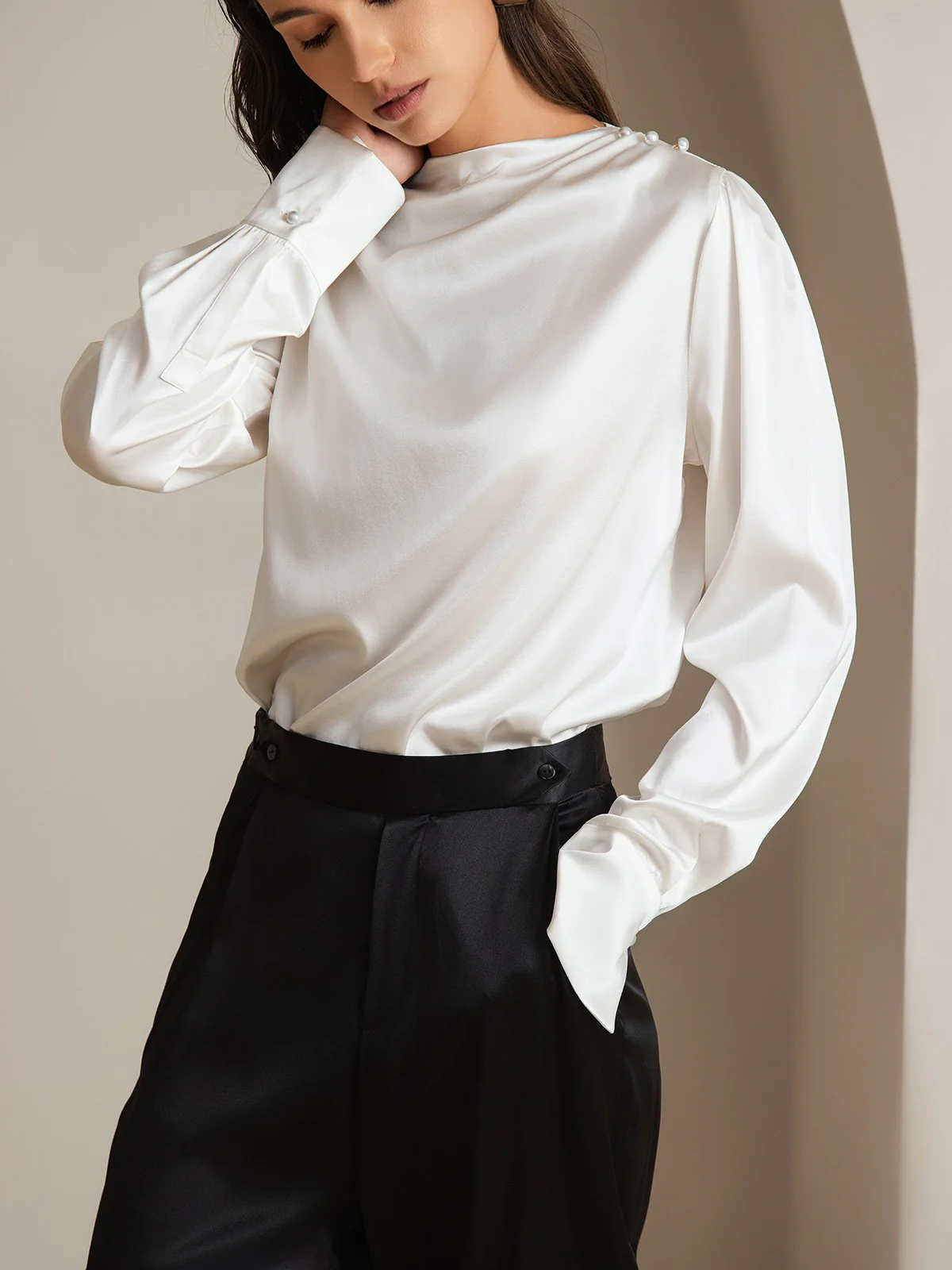 Clearance - 19Momme Silk Long Sleeve Boat Neck Blouse - Image 11