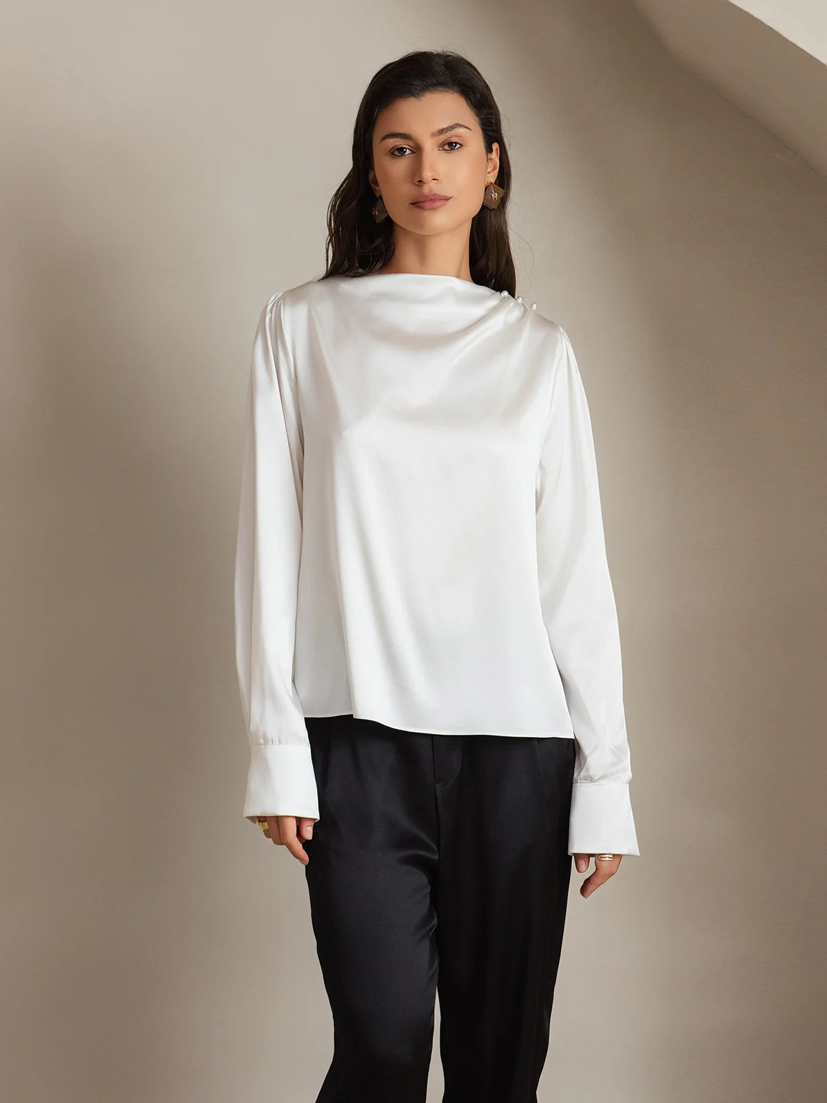 Clearance - 19Momme Silk Long Sleeve Boat Neck Blouse - Image 14