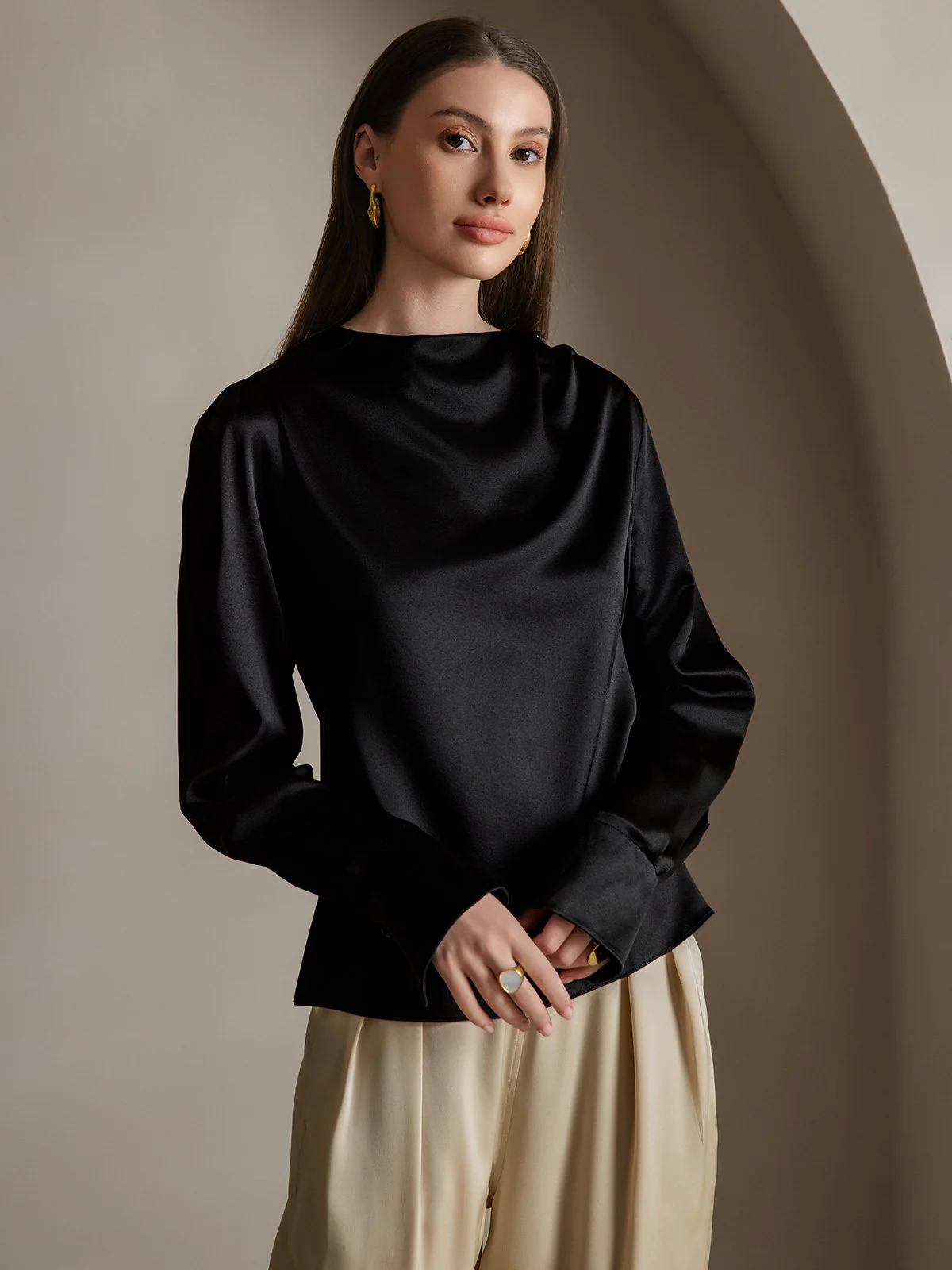 Clearance - 19Momme Silk Long Sleeve Boat Neck Blouse - Image 3