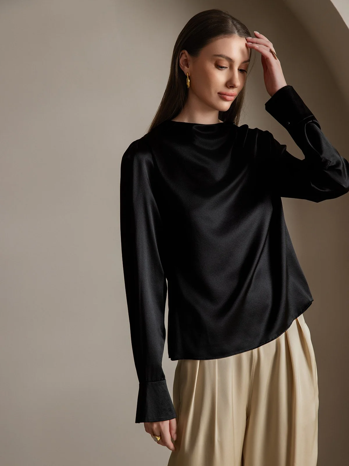 Clearance - 19Momme Silk Long Sleeve Boat Neck Blouse - Image 6