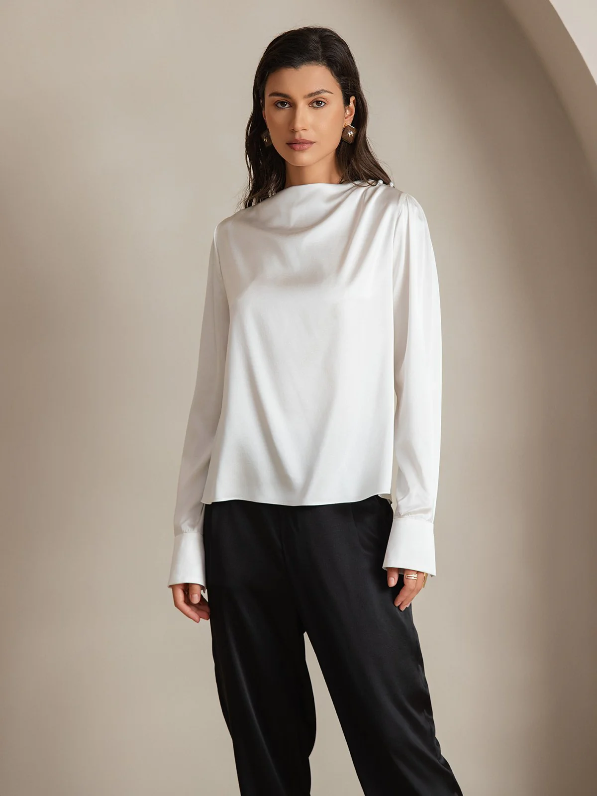 Clearance - 19Momme Silk Long Sleeve Boat Neck Blouse - Image 9