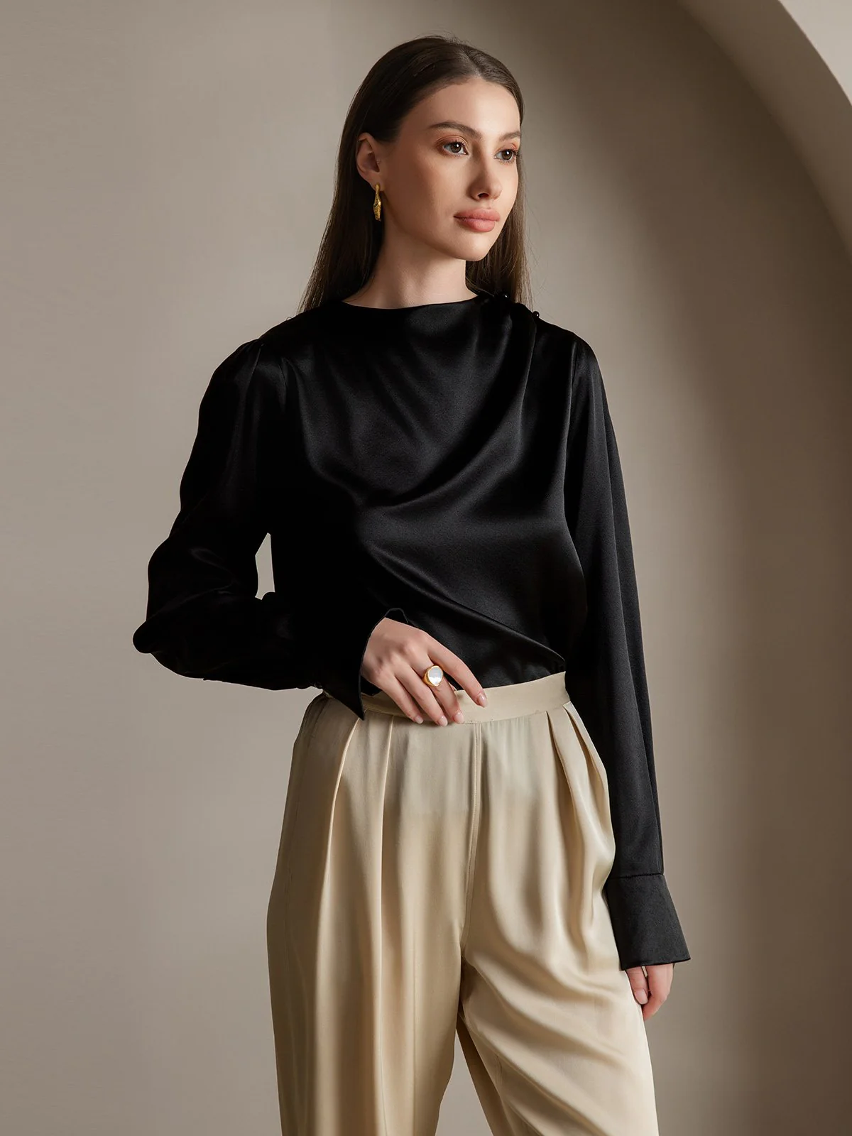 Clearance(US Warehouse) - 19Momme Silk Long Sleeve Boat Neck Blouse - Image 12