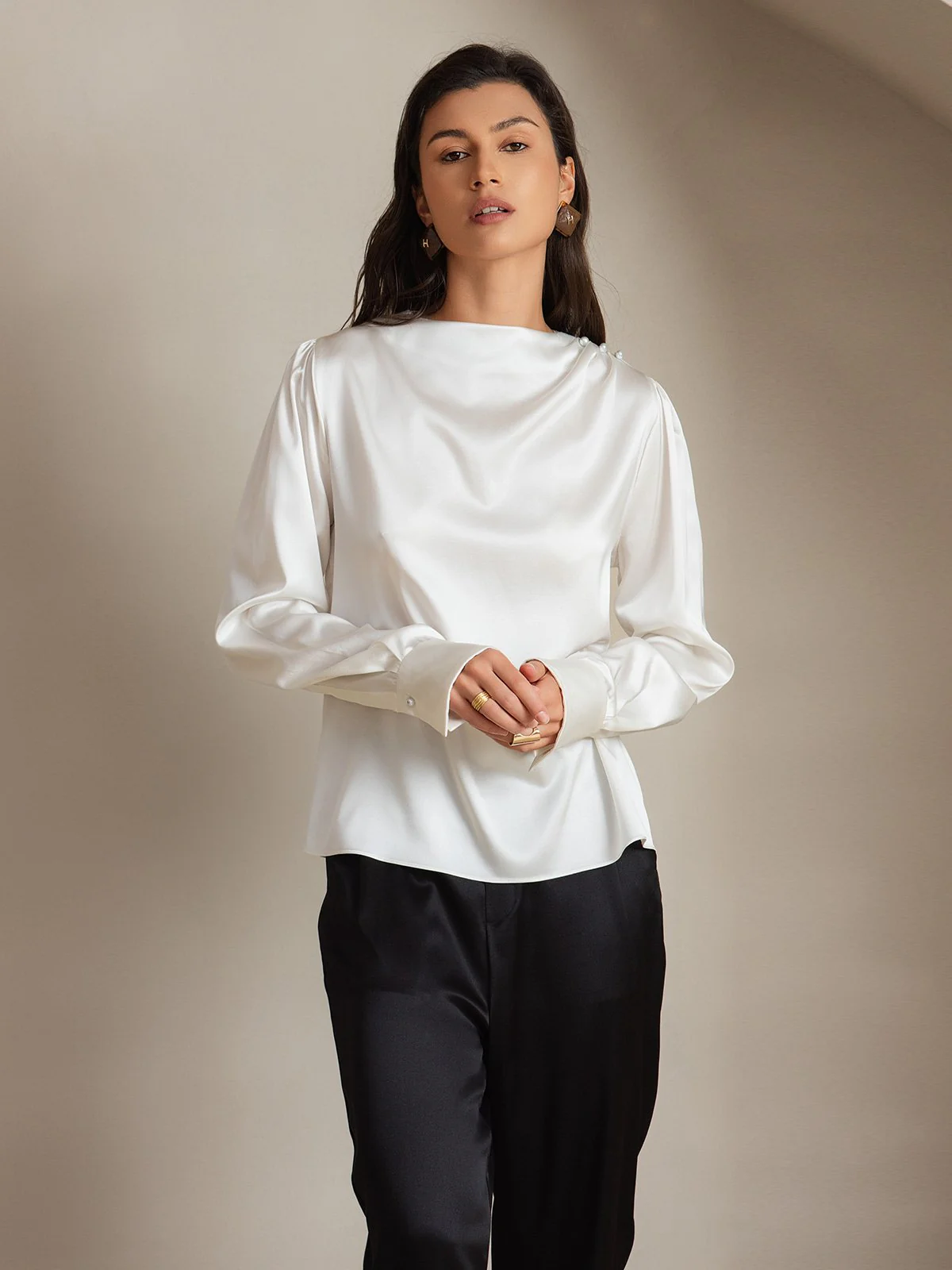 Clearance(US Warehouse) - 19Momme Silk Long Sleeve Boat Neck Blouse - Image 5