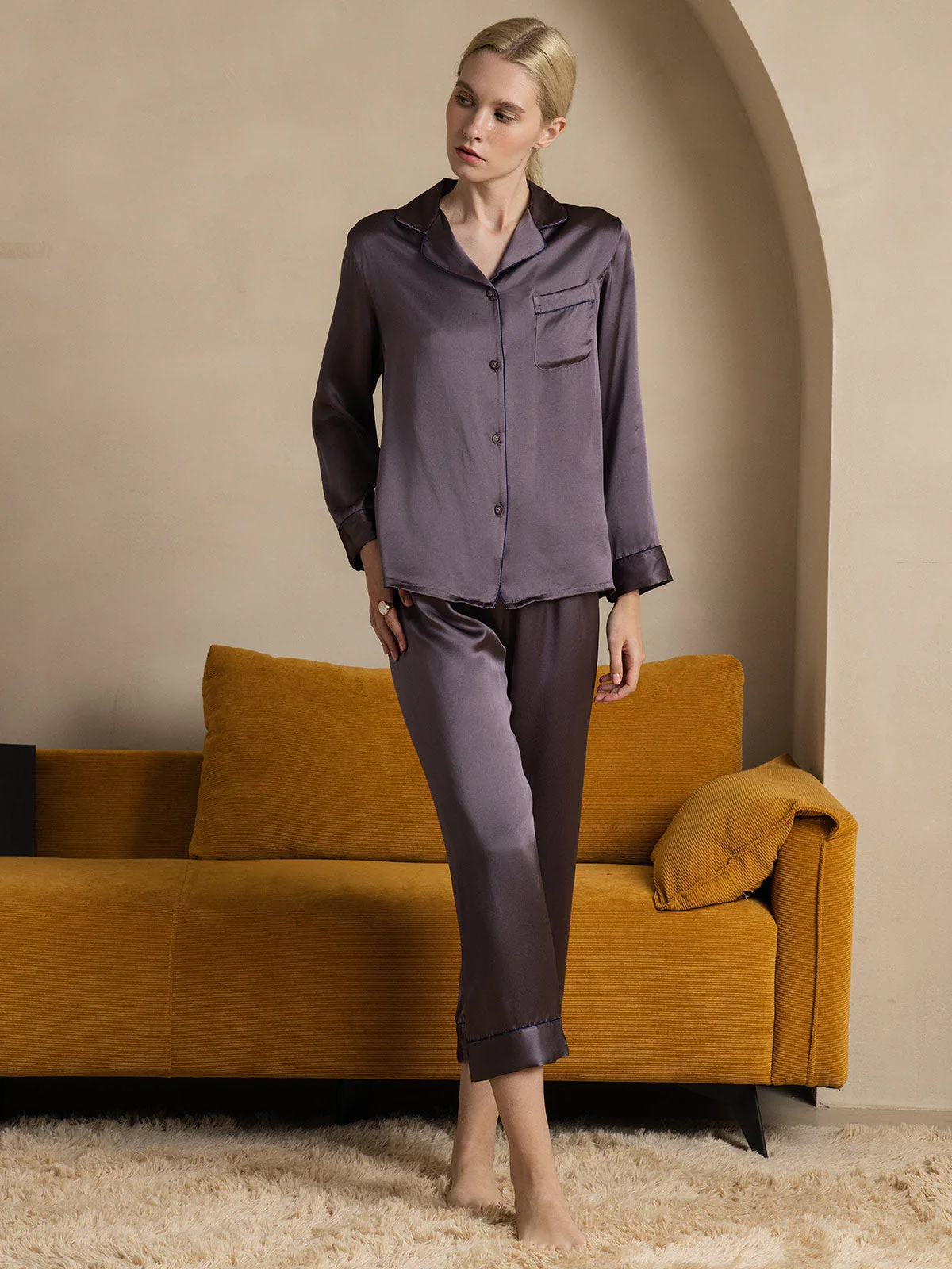 Pure Silk Long Sleeve Button Up Women's Pajamas Set - Image 12