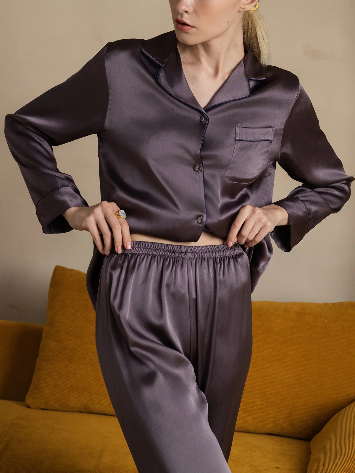 Pure Silk Long Sleeve Button Up Women's Pajamas Set - Image 14
