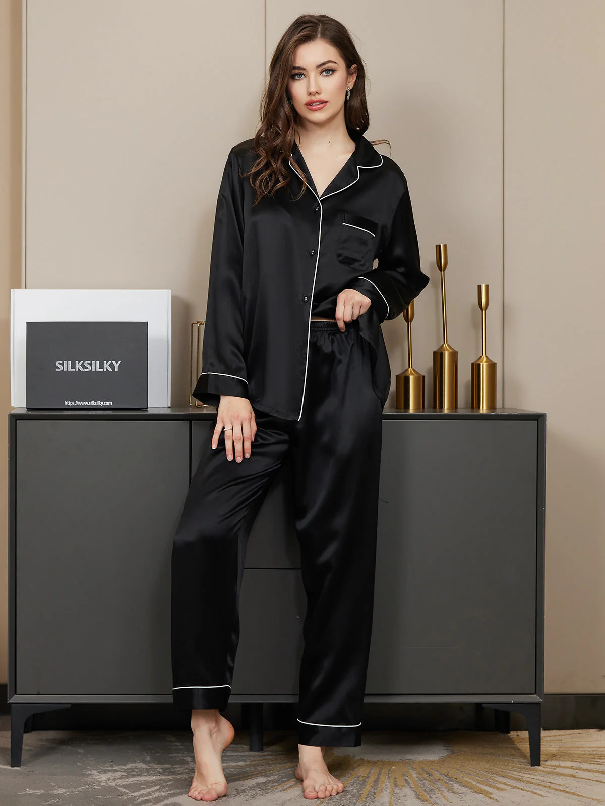 Pure Silk Long Sleeve Button Up Women's Pajamas Set - Image 20