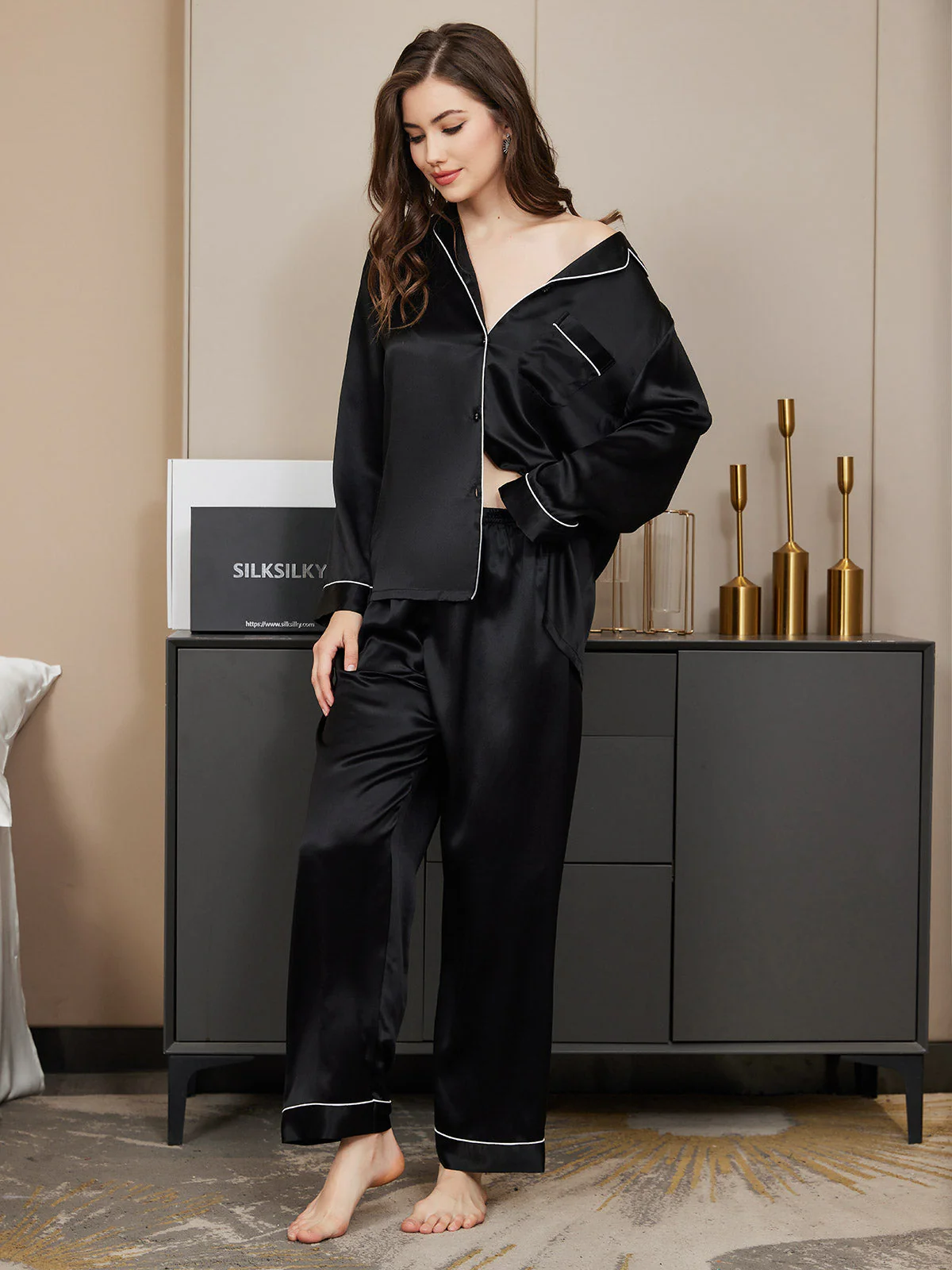 Pure Silk Long Sleeve Button Up Women's Pajamas Set - Image 23