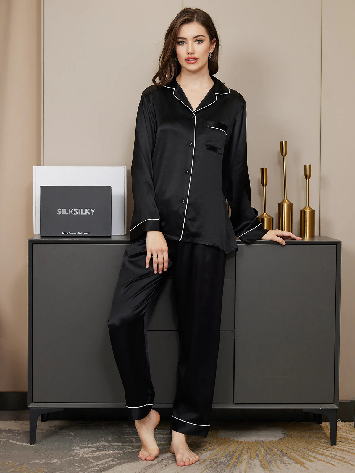 Pure Silk Long Sleeve Button Up Women's Pajamas Set - Image 24