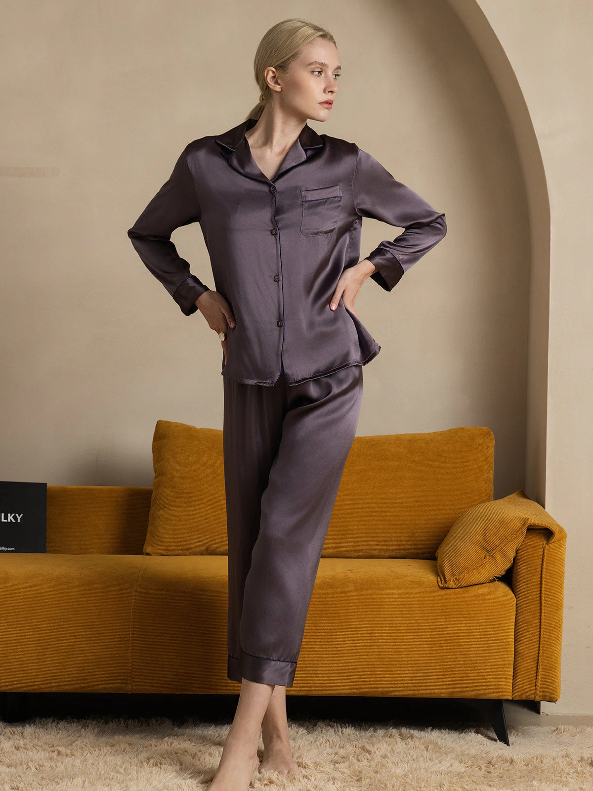 Pure Silk Long Sleeve Button Up Women's Pajamas Set - Image 7
