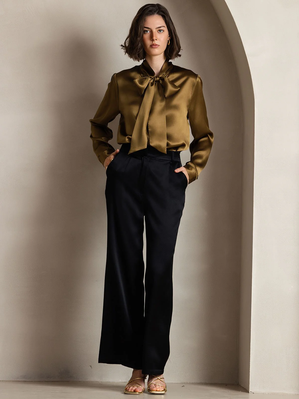 19Momme Silk Long Sleeve Tie Neck Blouse - Image 11