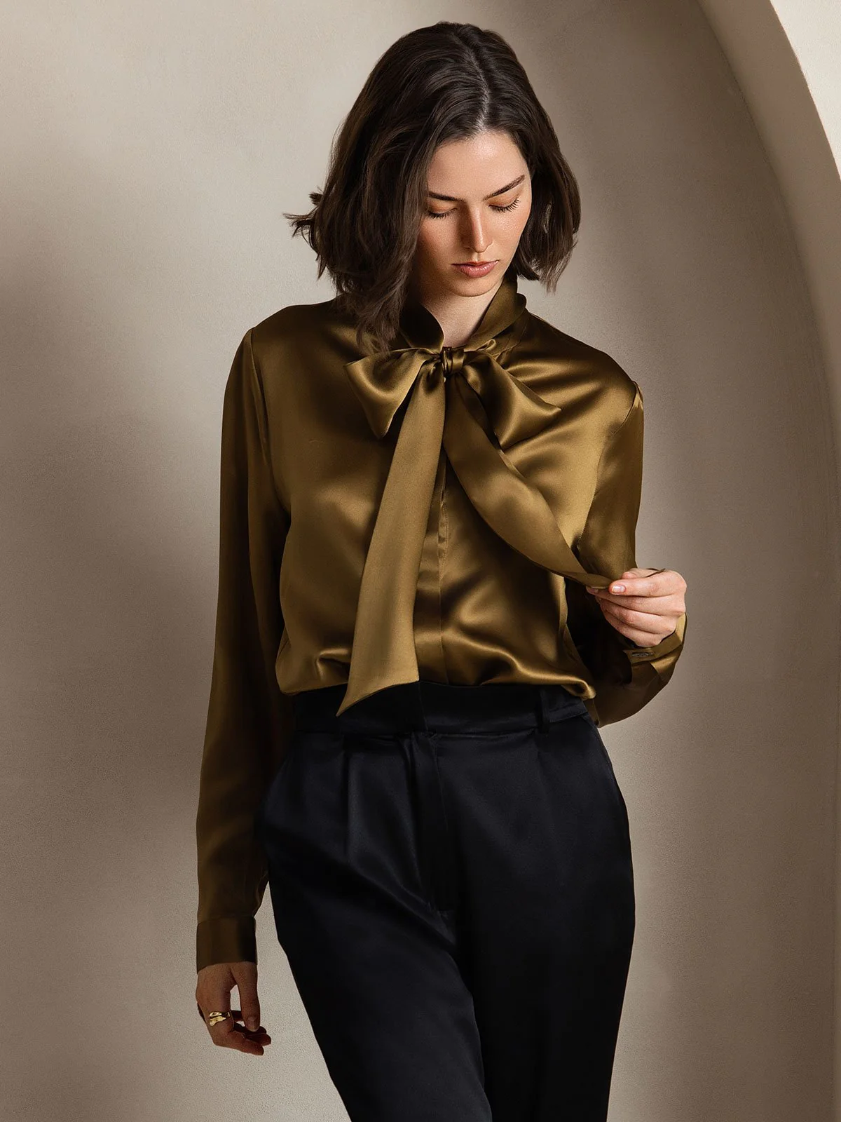 19Momme Silk Long Sleeve Tie Neck Blouse - Image 12