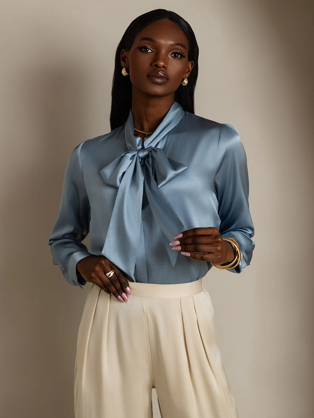 19Momme Silk Long Sleeve Tie Neck Blouse - Image 19
