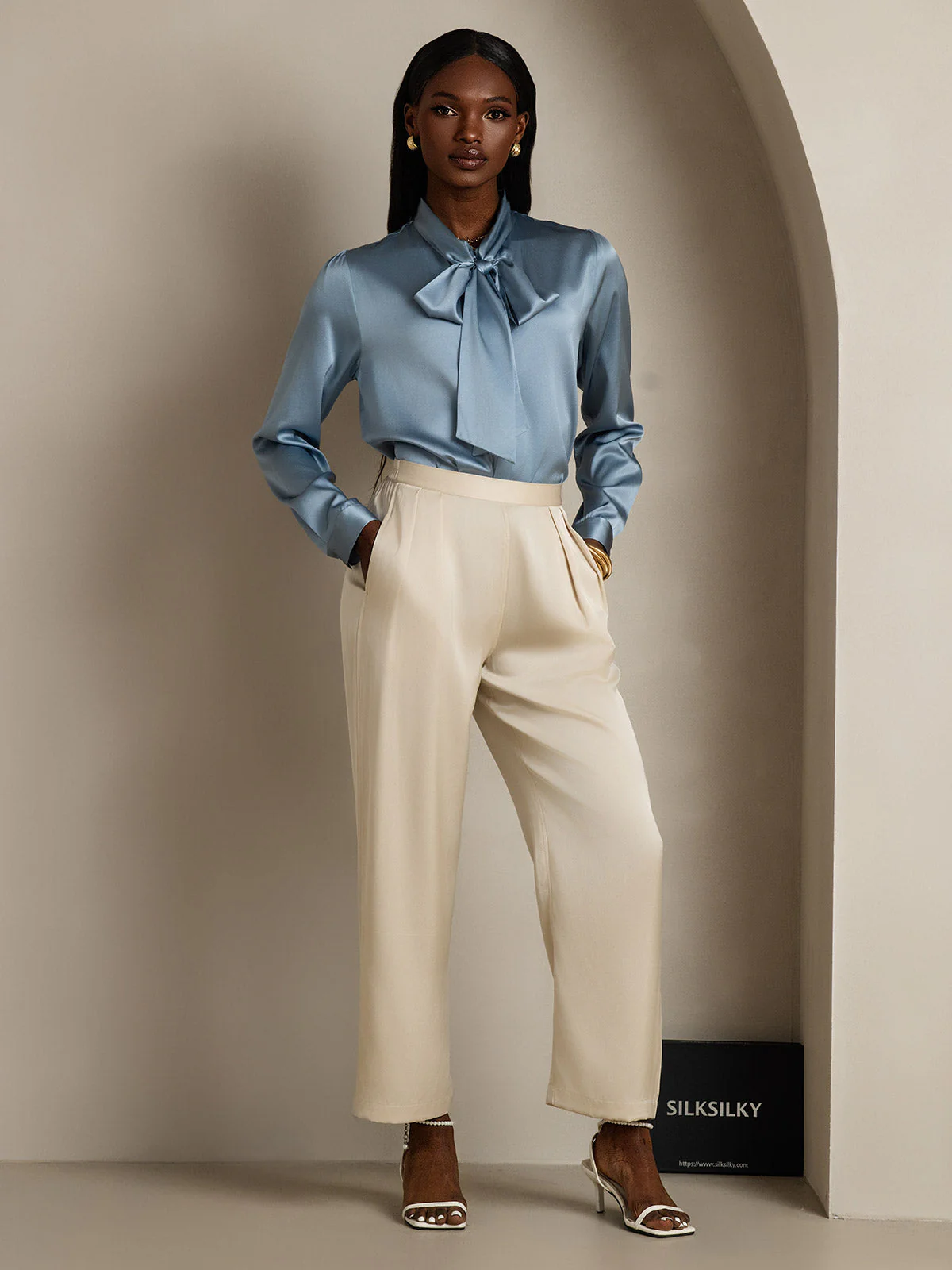 19Momme Silk Long Sleeve Tie Neck Blouse - Image 21