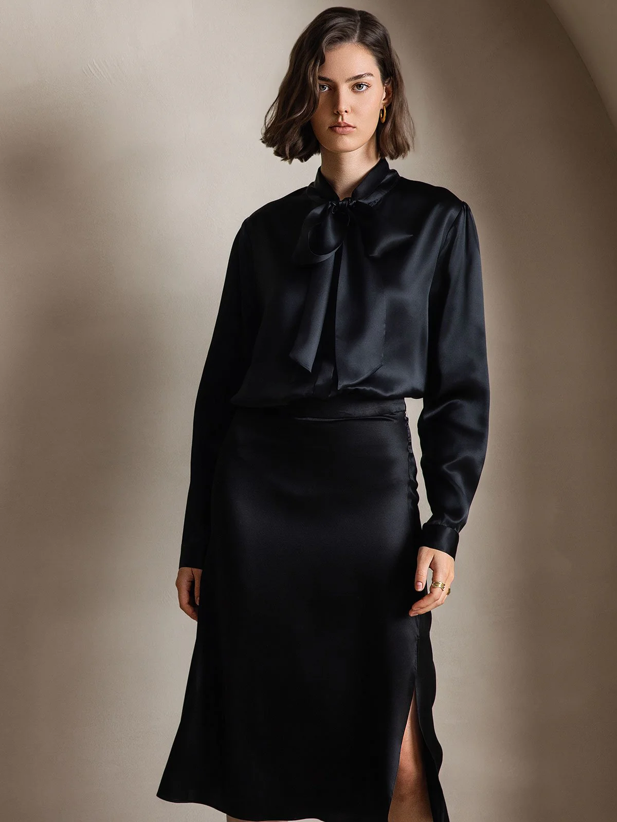 19Momme Silk Long Sleeve Tie Neck Blouse - Image 27