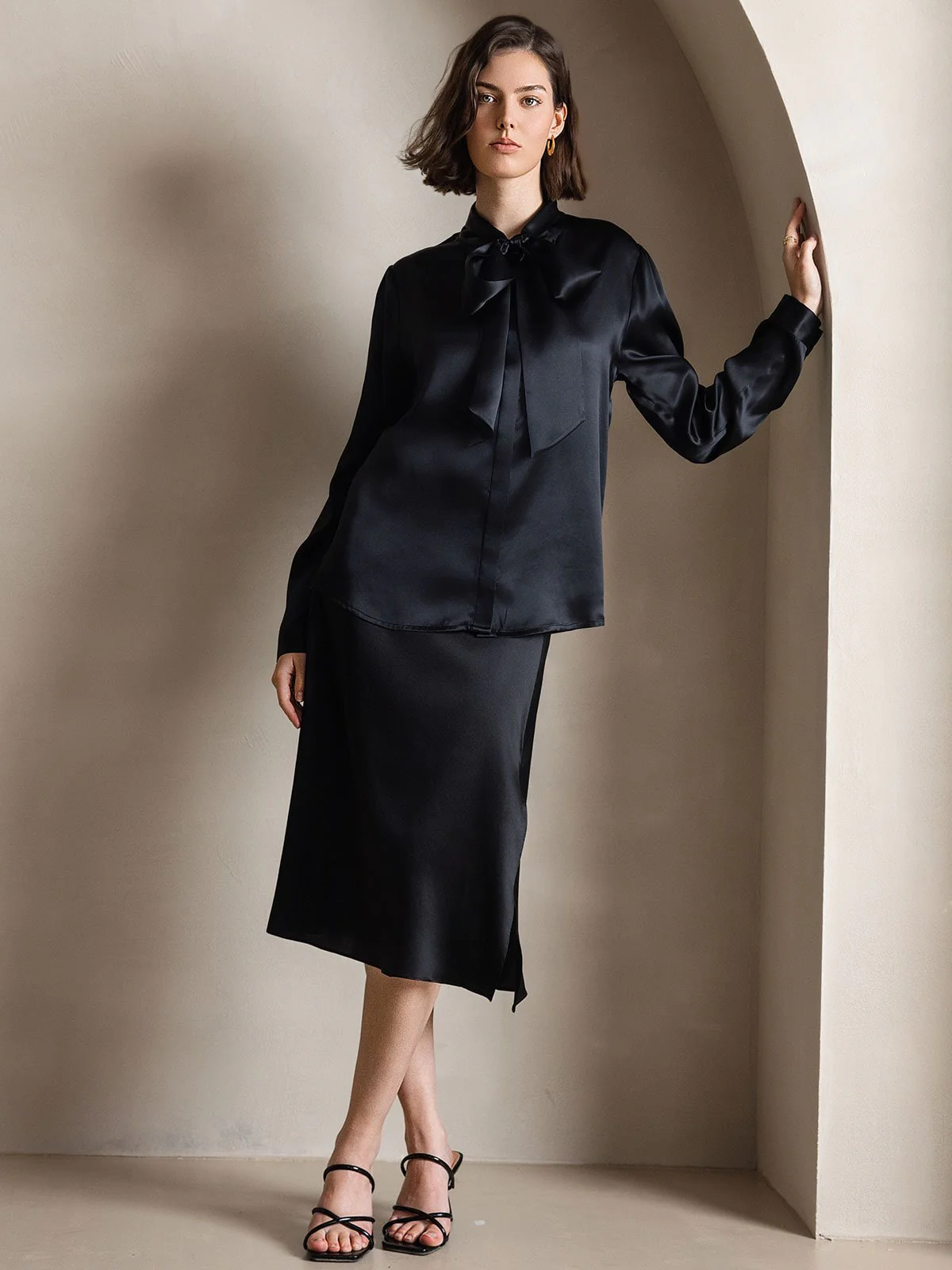 19Momme Silk Long Sleeve Tie Neck Blouse - Image 29