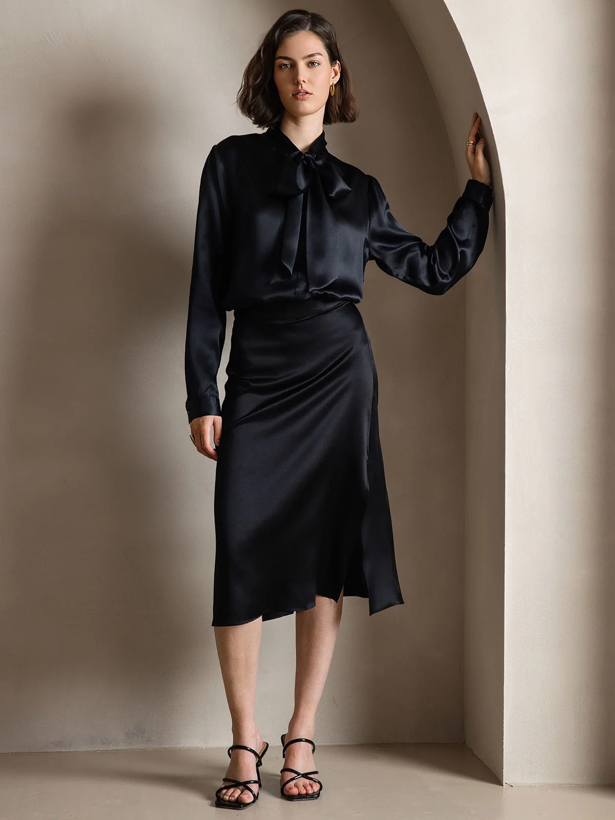 19Momme Silk Long Sleeve Tie Neck Blouse - Image 30
