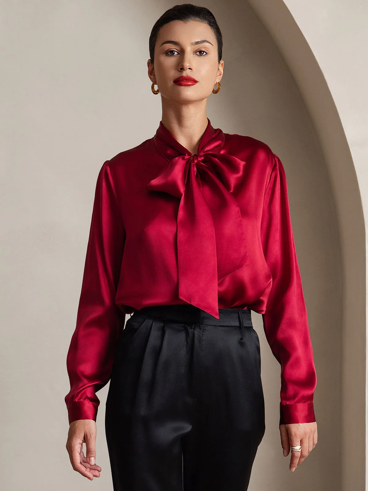 19Momme Silk Long Sleeve Tie Neck Blouse - Image 31