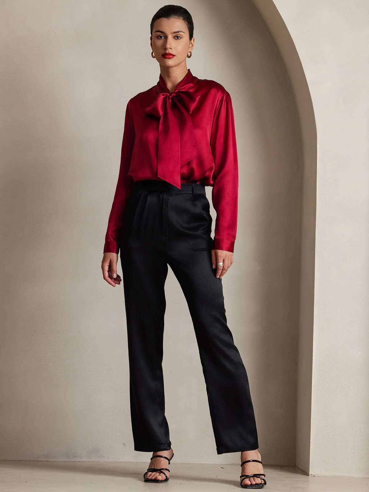 19Momme Silk Long Sleeve Tie Neck Blouse - Image 33