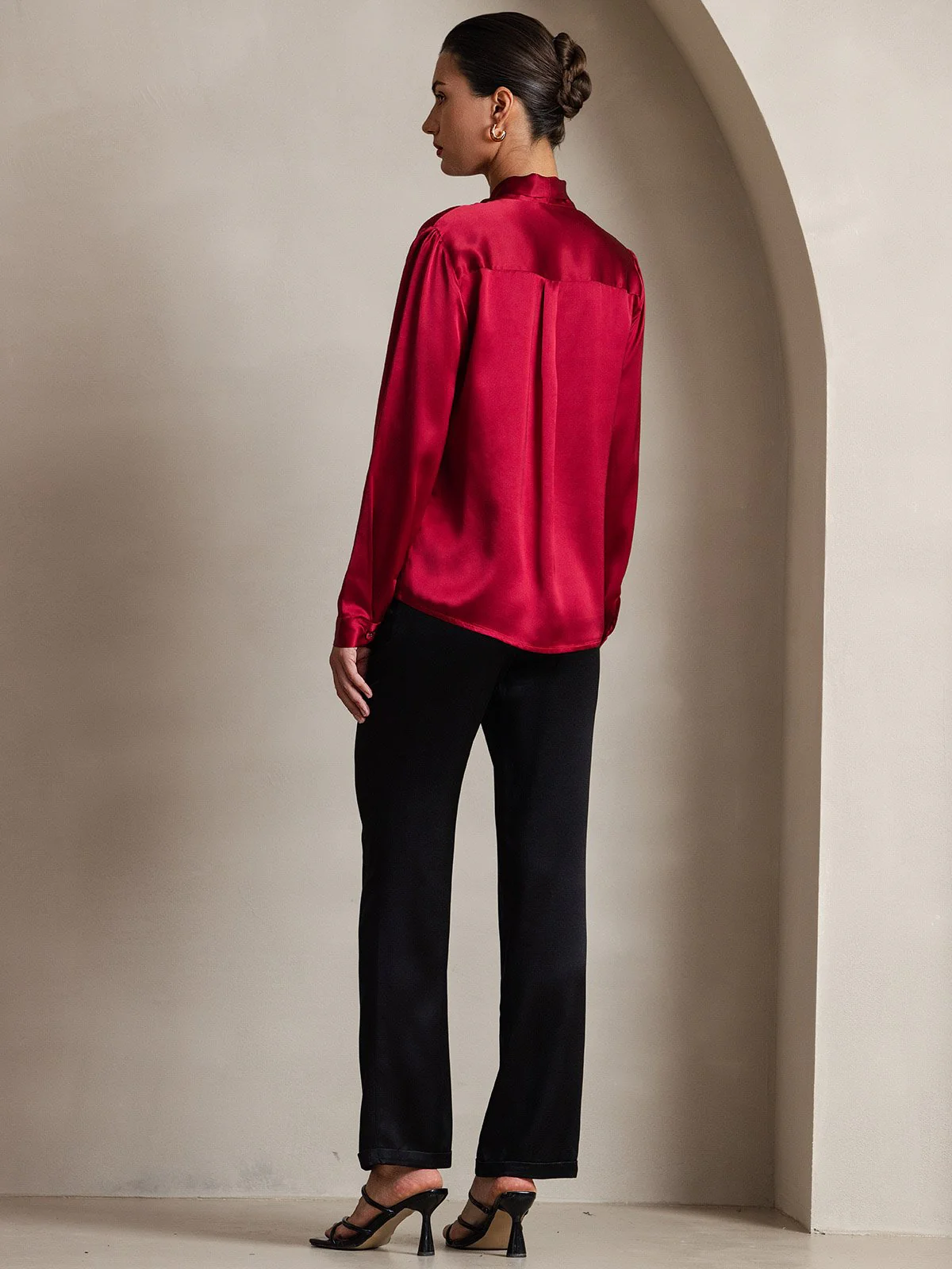 19Momme Silk Long Sleeve Tie Neck Blouse - Image 34