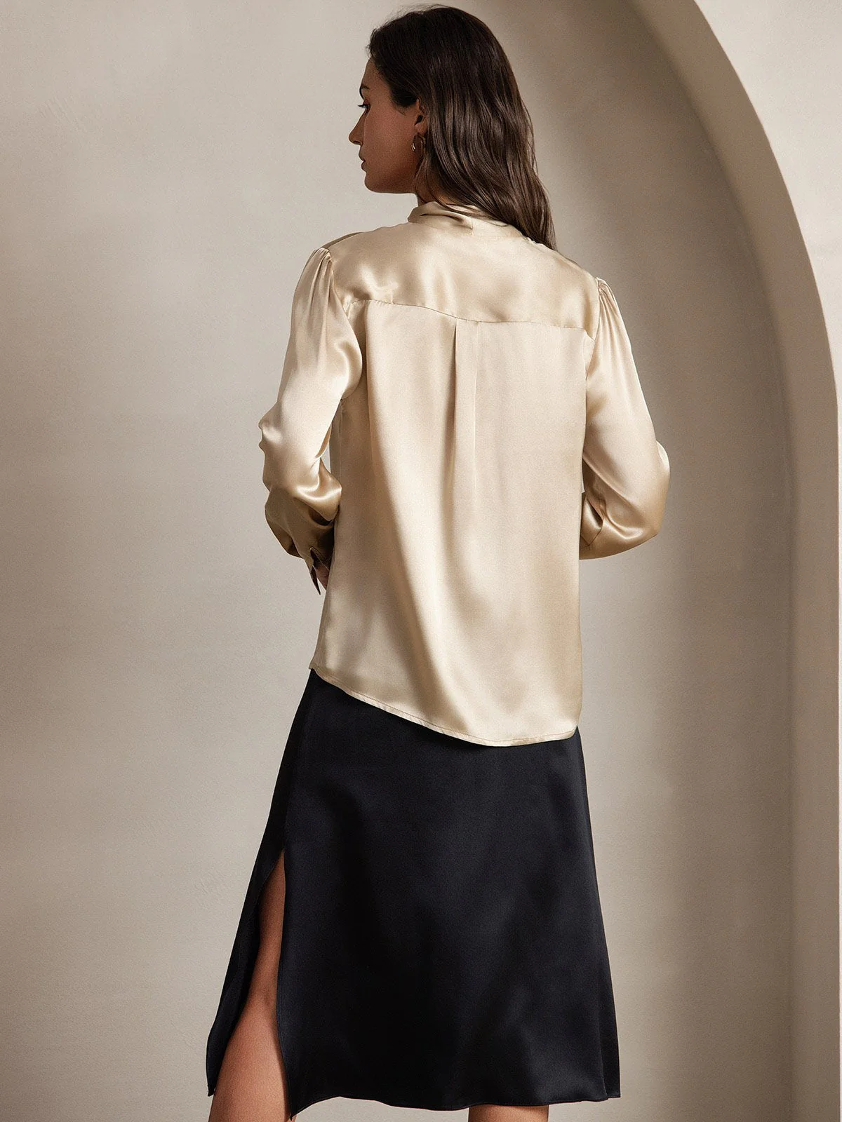 19Momme Silk Long Sleeve Tie Neck Blouse - Image 38