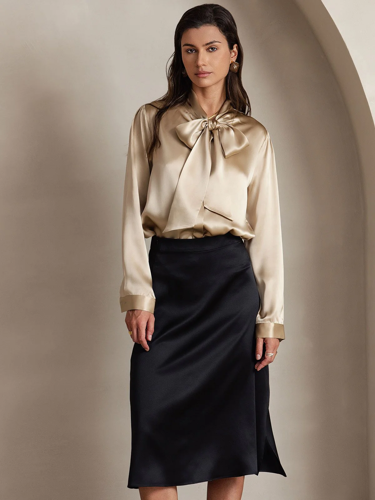 19Momme Silk Long Sleeve Tie Neck Blouse - Image 41