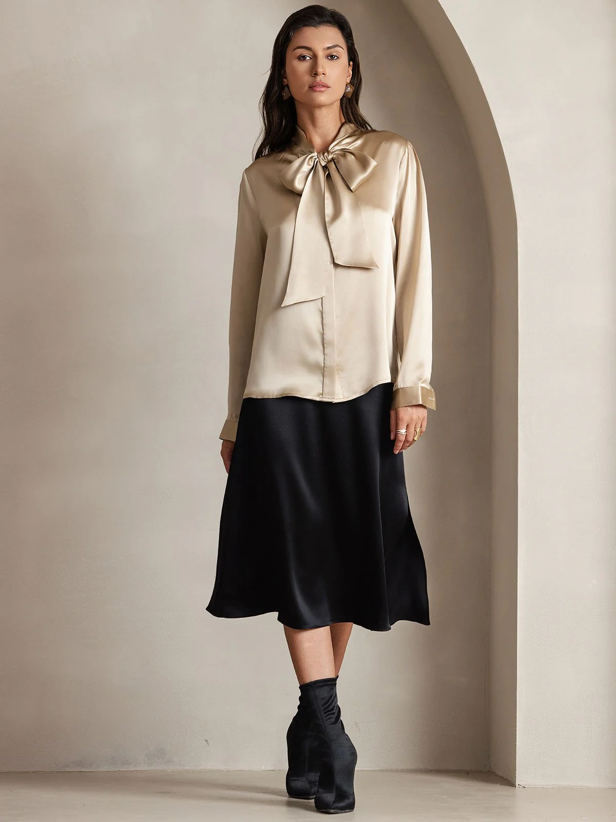 19Momme Silk Long Sleeve Tie Neck Blouse - Image 42