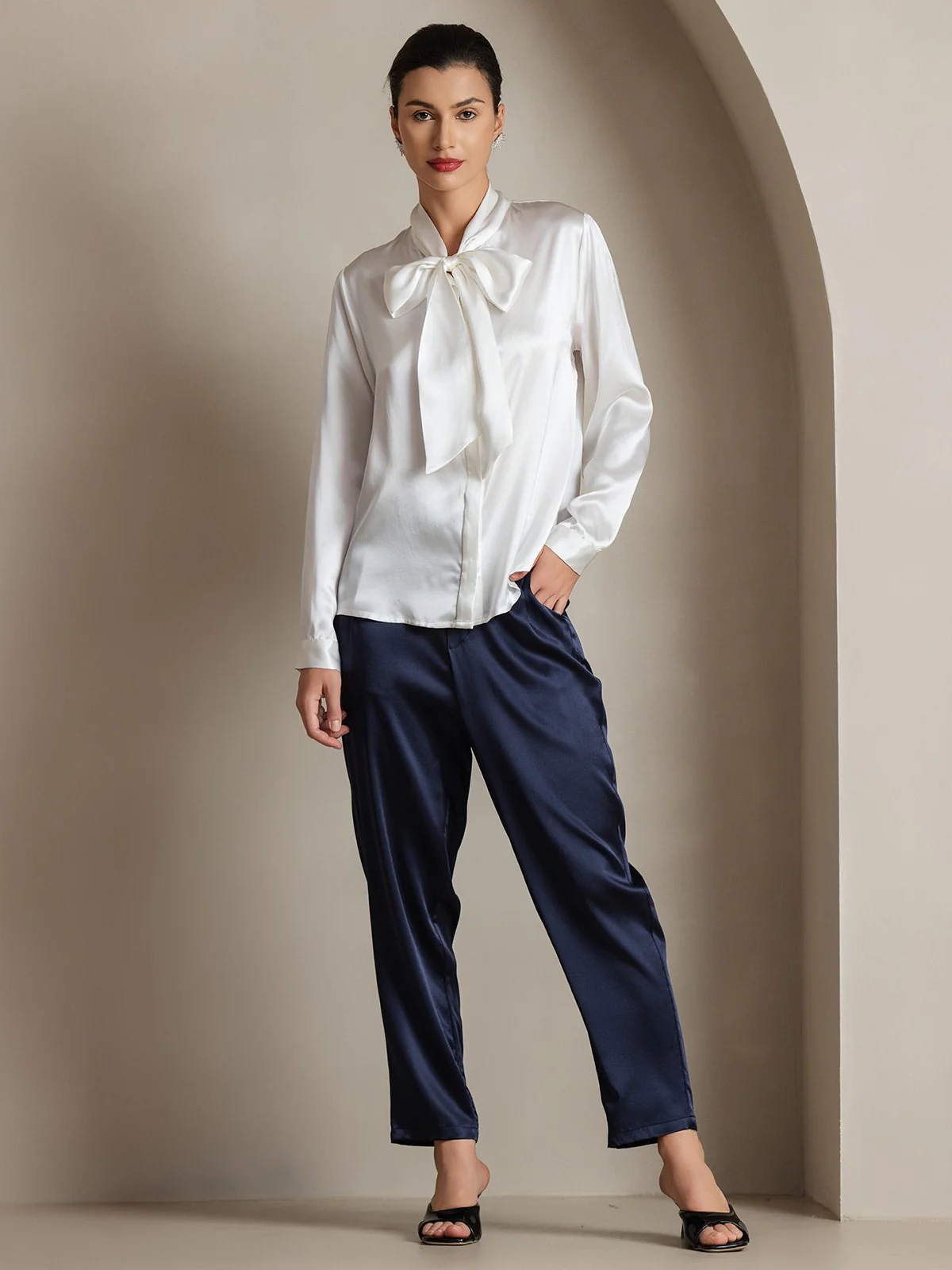 19Momme Silk Long Sleeve Tie Neck Blouse - Image 5