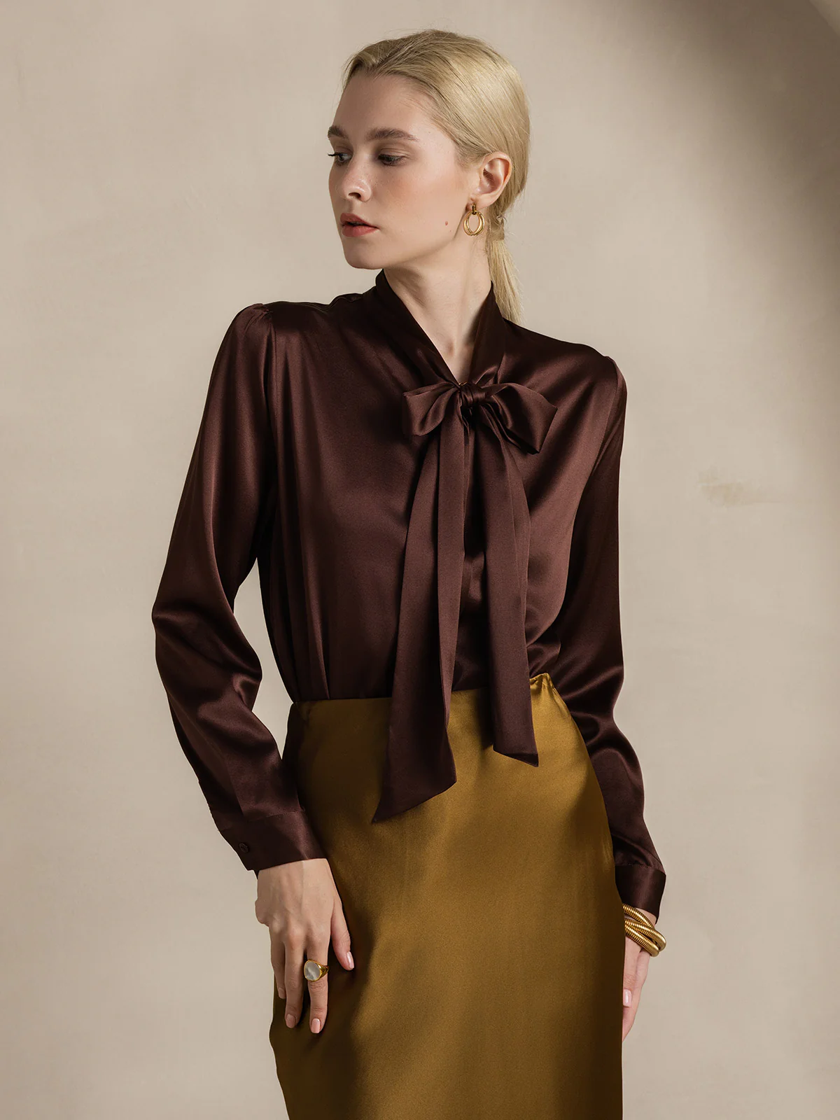19Momme Silk Long Sleeve Tie Neck Blouse - Image 50