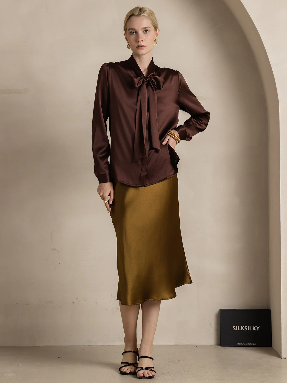 19Momme Silk Long Sleeve Tie Neck Blouse - Image 55