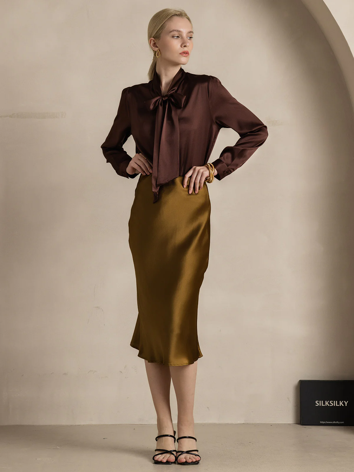 19Momme Silk Long Sleeve Tie Neck Blouse - Image 56