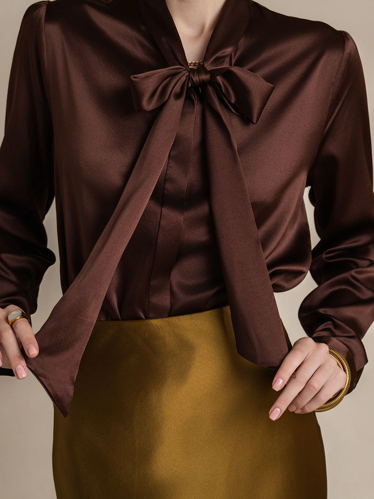 19Momme Silk Long Sleeve Tie Neck Blouse - Image 57