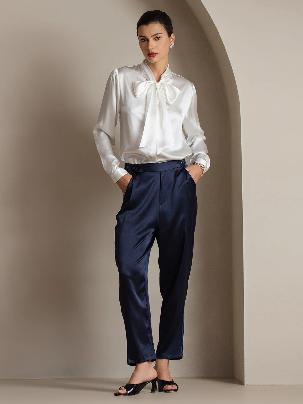 19Momme Silk Long Sleeve Tie Neck Blouse - Image 6