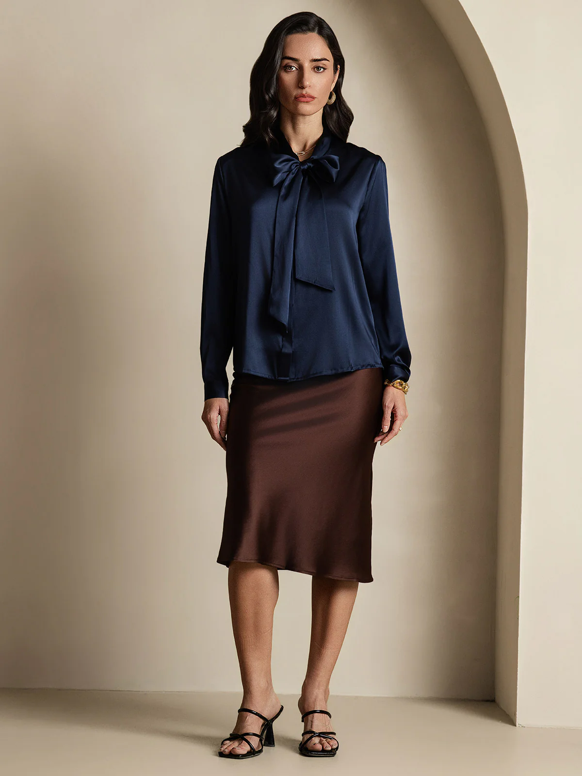 19Momme Silk Long Sleeve Tie Neck Blouse - Image 63