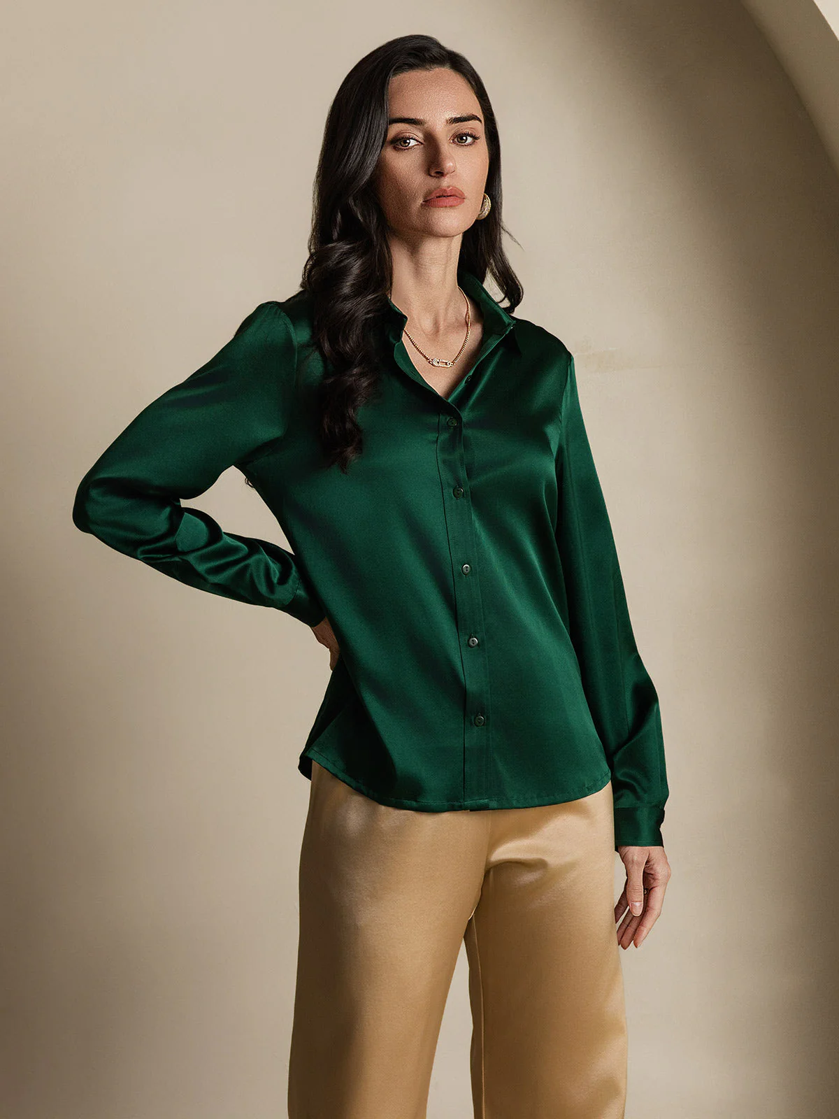 19Momme Silk Long Sleeve Lapel Collar Women's Shirt - Image 19