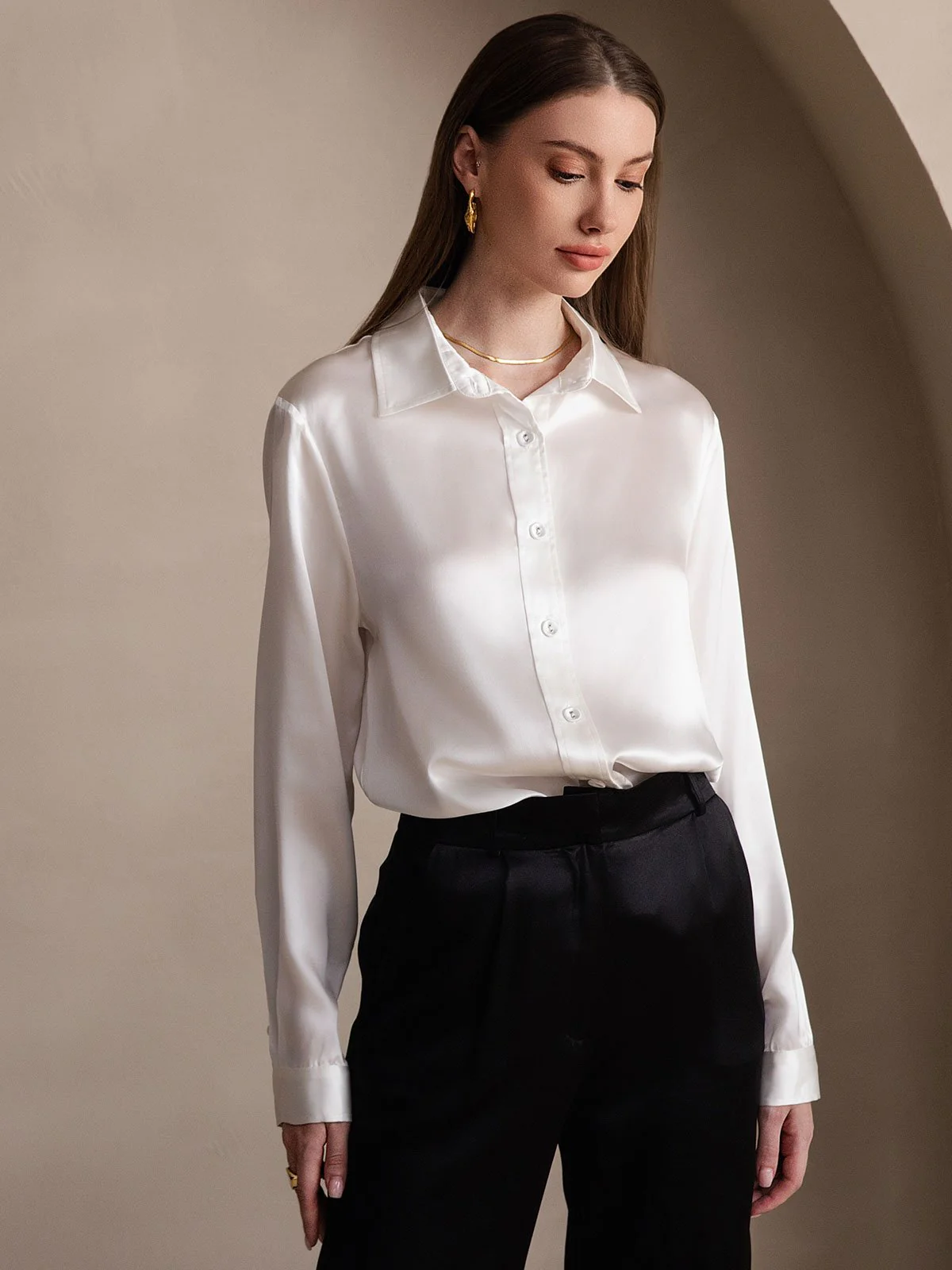 19Momme Silk Long Sleeve Lapel Collar Women's Shirt - Image 38
