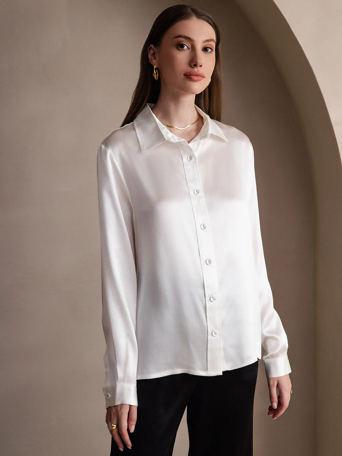 19Momme Silk Long Sleeve Lapel Collar Women's Shirt - Image 40
