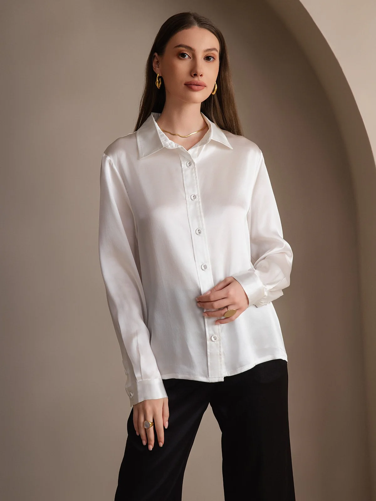 19Momme Silk Long Sleeve Lapel Collar Women's Shirt - Image 41
