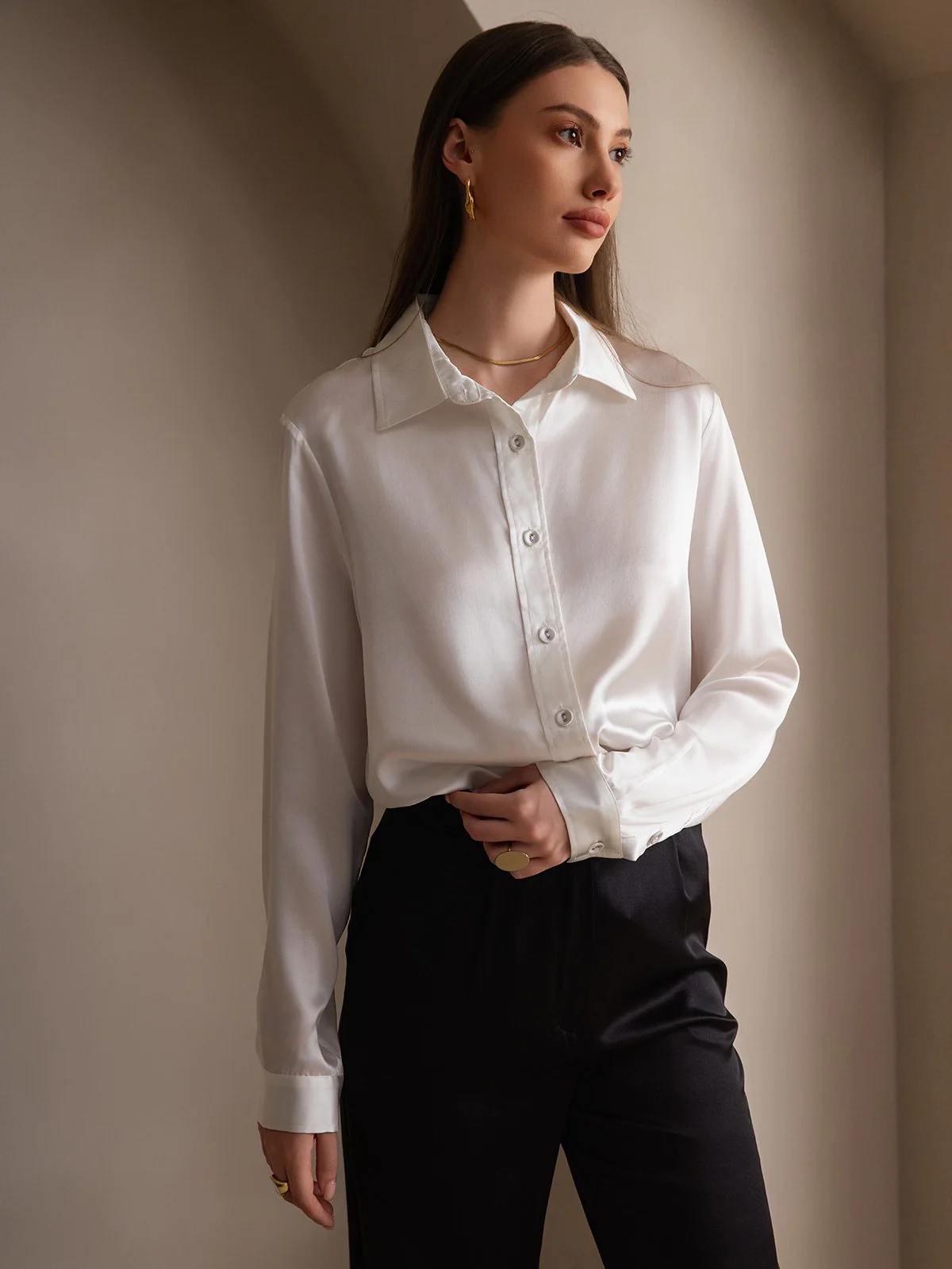 19Momme Silk Long Sleeve Lapel Collar Women's Shirt - Image 43