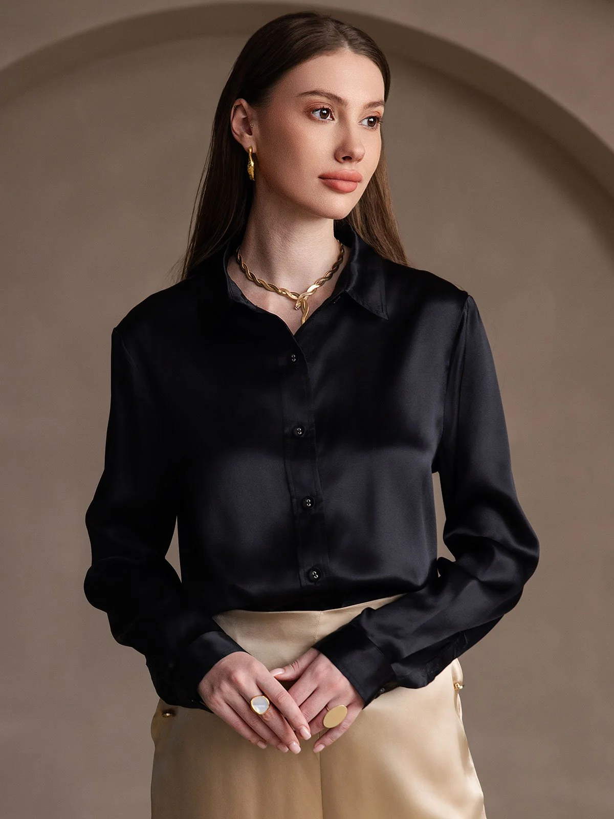 19Momme Silk Long Sleeve Lapel Collar Women's Shirt - Image 47