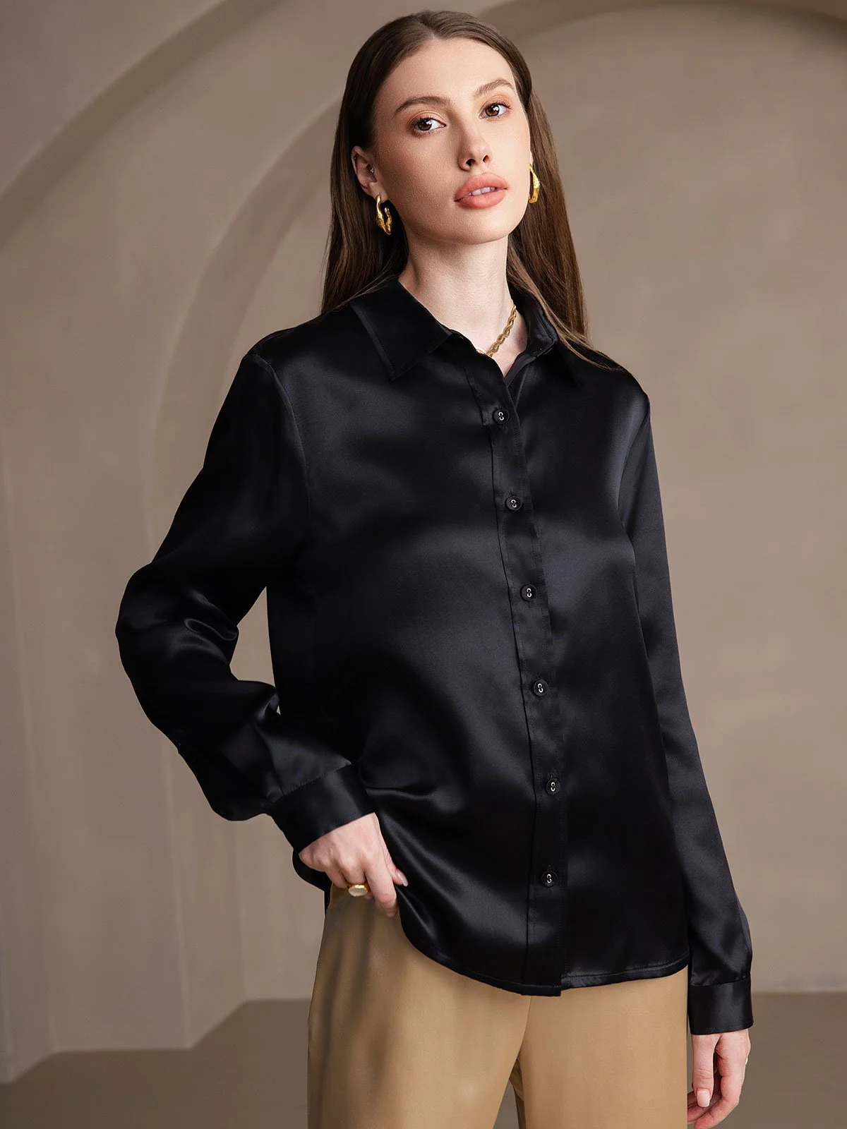 19Momme Silk Long Sleeve Lapel Collar Women's Shirt - Image 48