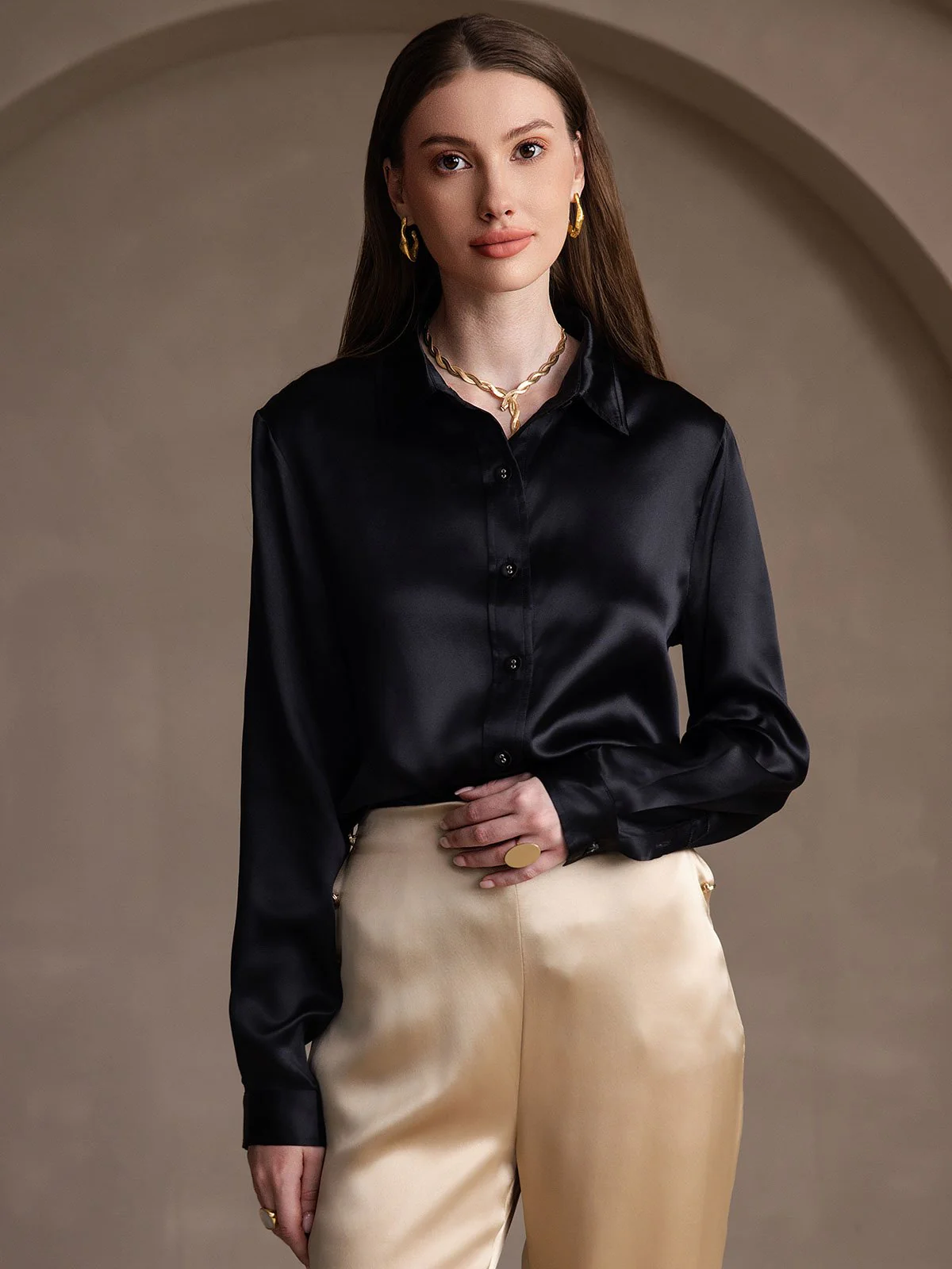 19Momme Silk Long Sleeve Lapel Collar Women's Shirt - Image 50